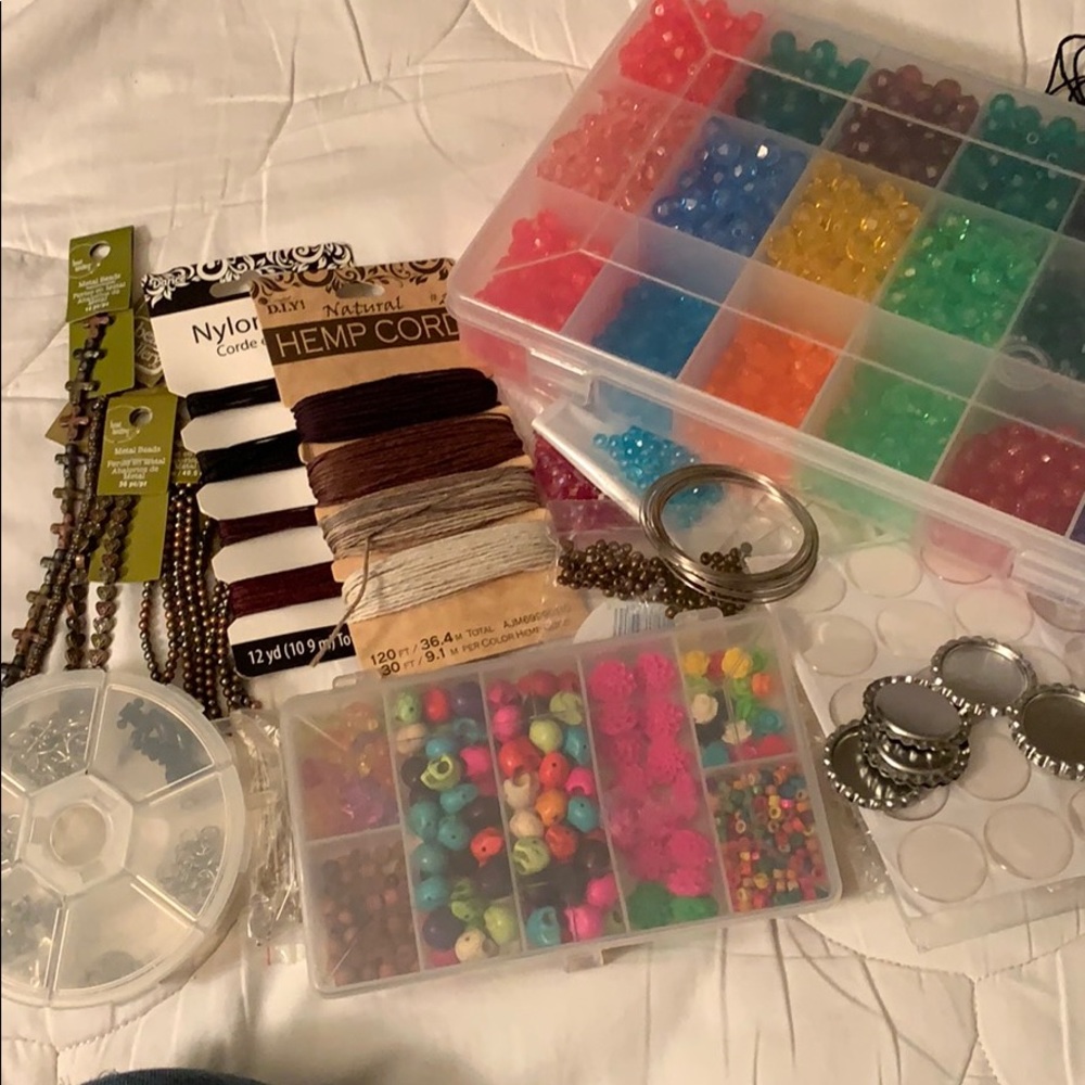 Variety of beads, findings, keychain makers, cords